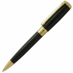 Close-up of ST Dupont Black Gold Pen with sleek black lacquer finish and gold-plated accents.